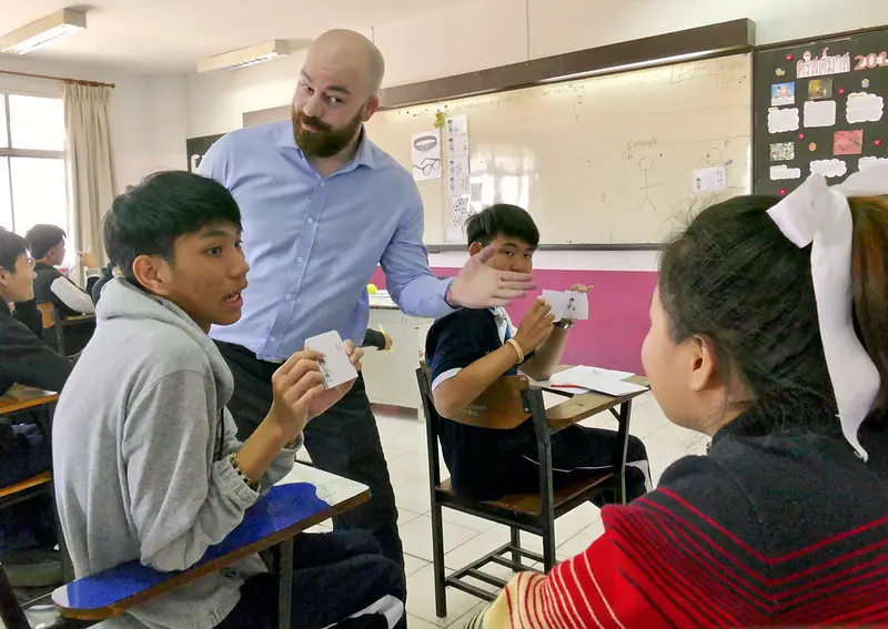 TEFL trainee leading a classroom activity with Thai secondary school students in Chiang Mai, Thailand